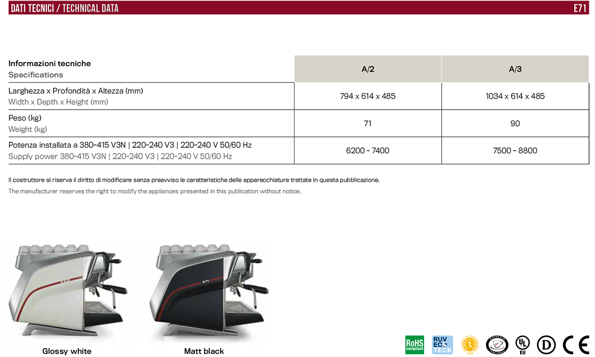 FAEMA E71 義式咖啡機規格